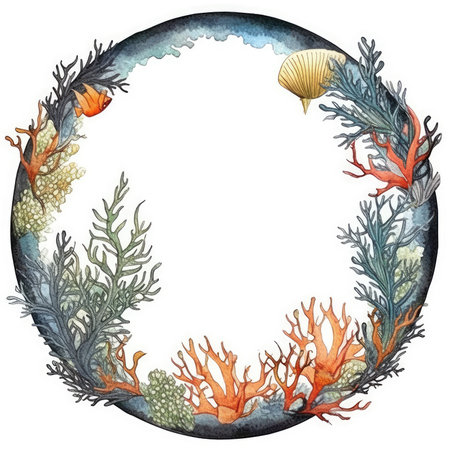 Round frame with corals and seaweed. watercolor illustration. Scrapbooking gentle frame, handmade illustrationの素材