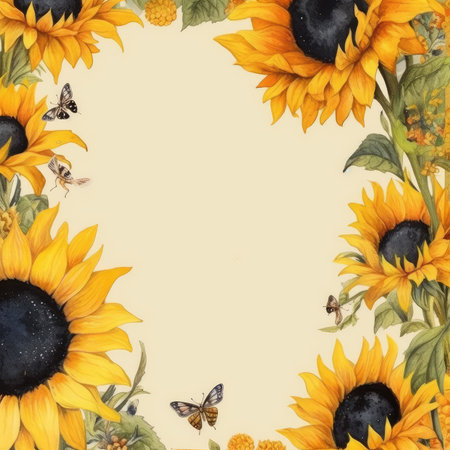 Watercolor sunflowers and butterfly frame on a beige background. Scrapbooking gentle frame, handmade illustrationの素材
