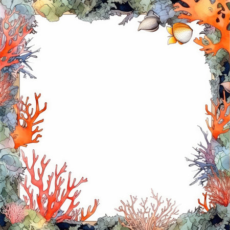 Frame with watercolor corals and algae on a white background. Scrapbooking gentle frame, handmade illustrationの素材