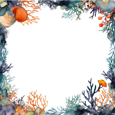 Watercolor coral frame. Hand painted underwater background with corals, algae and fish. Scrapbooking gentle frame, handmade illustrationの素材