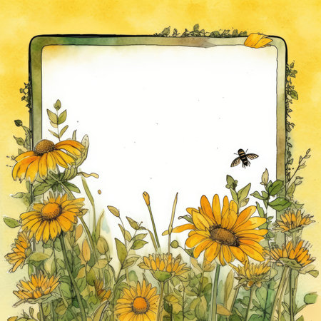 Watercolor hand drawn frame with daisies and bees on yellow background. Scrapbooking gentle frame, handmade illustrationの素材