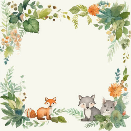 Cute watercolor forest animals frame with space for your text. Scrapbooking gentle frame, handmade illustrationの素材
