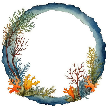 Hand drawn watercolor round frame with corals and seaweeds on white background. Scrapbooking gentle frame, handmade illustrationの素材