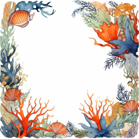 Watercolor underwater frame with corals, seaweeds and shells. Scrapbooking gentle frame, handmade illustrationの素材