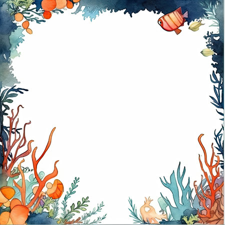 Watercolor frame with corals, seaweed and anemone. Scrapbooking gentle frame, handmade illustrationの素材