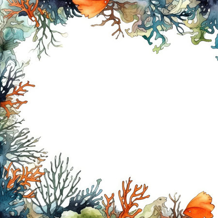 watercolor seaweed frame. hand drawn illustration. isolated on white background. Scrapbooking gentle frame, handmade illustrationの素材