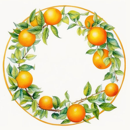 Watercolor illustration of a wreath of oranges with leaves on a white background. Scrapbooking gentle frame, handmade illustrationの素材