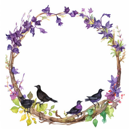 Watercolor wreath with flowers and birds isolated on white background. Scrapbooking gentle frame, handmade illustrationの素材