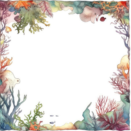 Watercolor marine frame with seahorse, corals and fish. Scrapbooking gentle frame, handmade illustrationの素材