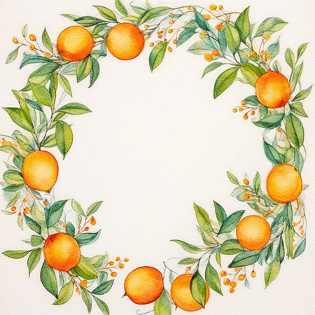 Watercolor orange wreath with leaves and berries on white background. Scrapbooking gentle frame, handmade illustrationの素材