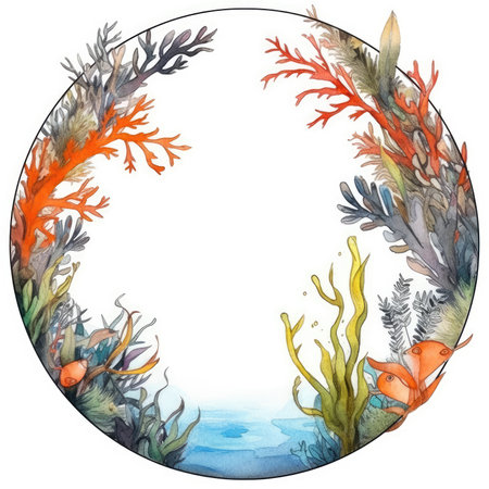 Watercolor round frame with seaweed and fish. hand drawn illustration. Scrapbooking gentle frame, handmade illustrationの素材