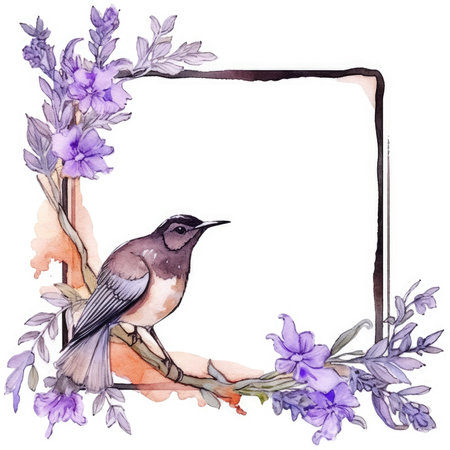 Watercolor floral frame with bird and lavender flowers. hand painted illustration. Scrapbooking gentle frame, handmade illustrationの素材