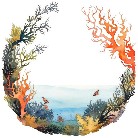 Watercolor underwater landscape with coral reef and butterfly. vector illustration. Scrapbooking gentle frame, handmade illustrationの素材
