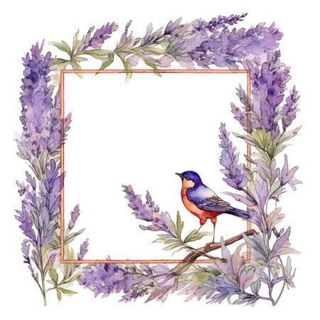 Watercolor lavender frame with bird. Hand painted illustration on white background. Scrapbooking gentle frame, handmade illustrationの素材