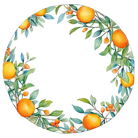 Round frame with orange fruits and leaves. Hand drawn watercolor illustration. Scrapbooking gentle frame, handmade illustrationの素材