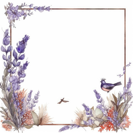 Watercolor frame with lavender flowers, birds and feathers on a white background. Scrapbooking gentle frame, handmade illustrationの素材