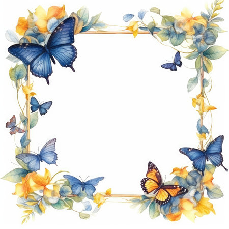 Watercolor floral frame with butterflies and flowers isolated on white background. Scrapbooking gentle frame, handmade illustrationの素材