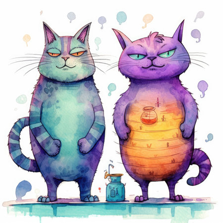 Two cats with a lantern and a candle. watercolor illustration.の素材