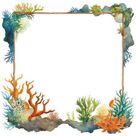 Watercolor underwater frame with corals and algae. hand drawn illustration. Scrapbooking gentle frame, handmade illustrationの素材