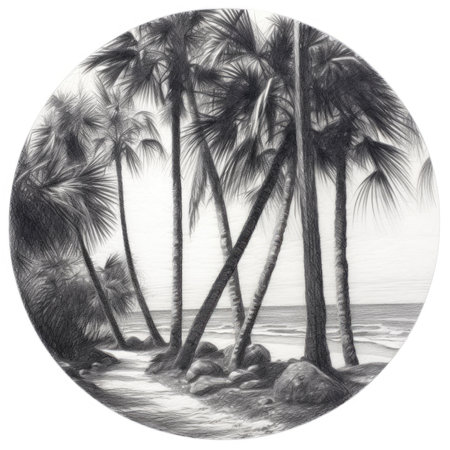 Palm trees on the beach. Hand drawn illustration in black and white, landscape in a circle, graphite pencil, hand drawn.の素材