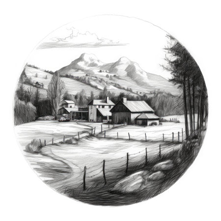 Wooden cottage in the mountains. Hand-drawn illustration on a white background, landscape in a circle, graphite pencil, hand drawn.の素材