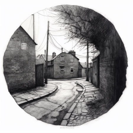 Old street in the center of the city, black and white illustration, landscape in a circle, graphite pencil, hand drawn.の素材