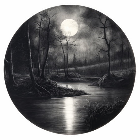 Full moon over the forest and river. Black and white illustration, landscape in a circle, graphite pencil, hand drawn.の素材