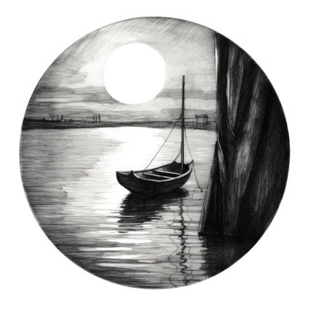 Sailing boat on the river. Black and white illustration in a circle, landscape in a circle, graphite pencil, hand drawn.の素材