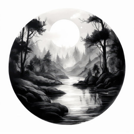 Watercolor illustration of a lake in the woods with a full moon, landscape in a circle, graphite pencil, hand drawn.の素材