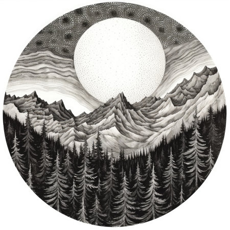 Mountain landscape with a full moon. Black and white illustration, landscape in a circle, graphite pencil, hand drawn.の素材