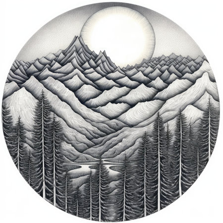 mountain landscape. Hand-drawn illustration on a white background, landscape in a circle, graphite pencil, hand drawn.の素材