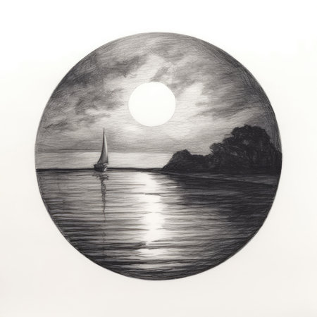 Sailing boat on the sea at sunset. Hand-drawn illustration, landscape in a circle, graphite pencil, hand drawn.の素材