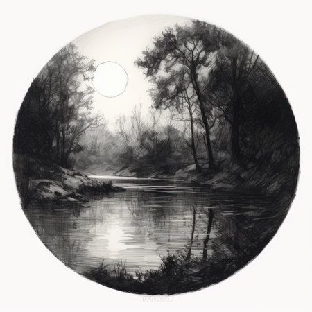 landscape with river and forest. Black and white hand drawn illustration, landscape in a circle, graphite pencil, hand drawn.の素材