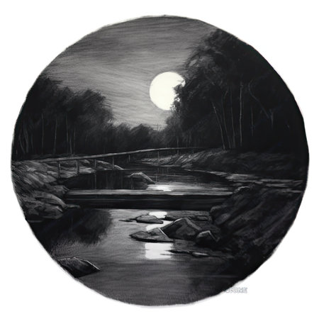 Black and white illustration of a bridge over a river at night, landscape in a circle, graphite pencil, hand drawn.の素材