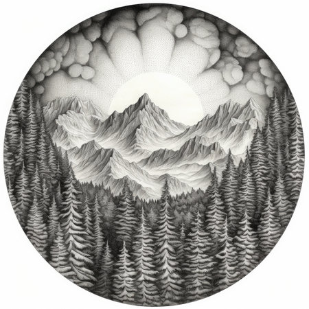 Mountains and forests in a circle. Hand-drawn illustration, landscape in a circle, graphite pencil, hand drawn.の素材