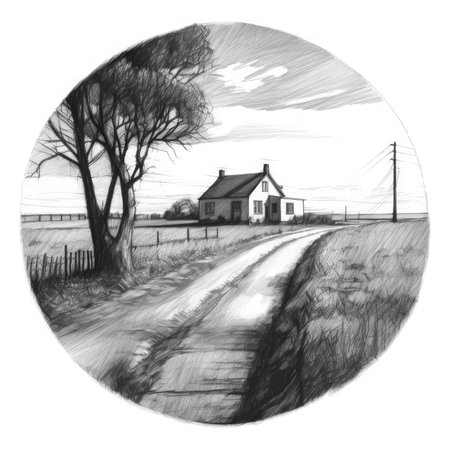 Beautiful rural landscape with house on the road. Hand drawn illustration, landscape in a circle, graphite pencil, hand drawn.の素材
