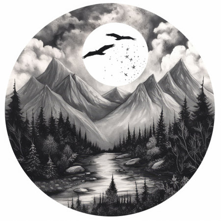 Mountain landscape with lake, forest and birds. Hand drawn illustration, landscape in a circle, graphite pencil, hand drawn.の素材
