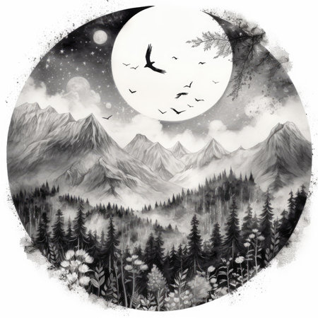 Landscape with mountains and the moon in the sky. Hand drawn illustration, landscape in a circle, graphite pencil, hand drawn.の素材