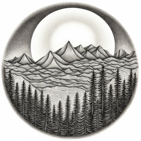 A hand drawn illustration of a mountain landscape with a full moon, landscape in a circle, graphite pencil, hand drawn.の素材