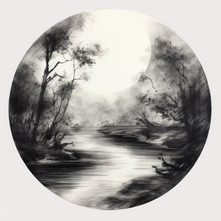 Black and white image of a river in the forest with a full moon, landscape in a circle, graphite pencil, hand drawn.の素材