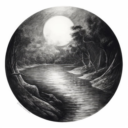 Sunset over the lake, illustration in black and white colors, landscape in a circle, graphite pencil, hand drawn.の素材