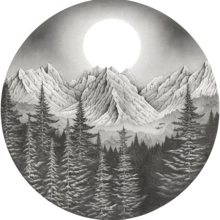 Black and white illustration of mountains with coniferous forest and full moon, landscape in a circle, graphite pencil, hand drawn.の素材