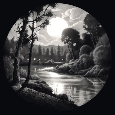Sunset over a river in the forest. Black and white illustration.の素材