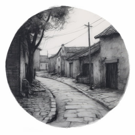 Street in the old town. Black and white illustration. Hand drawn, landscape in a circle, graphite pencil, hand drawn.の素材