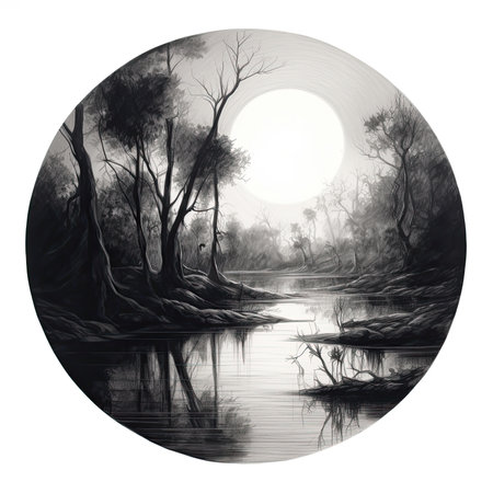 Illustration of a full moon over a river with trees in the background, landscape in a circle, graphite pencil, hand drawn.の素材