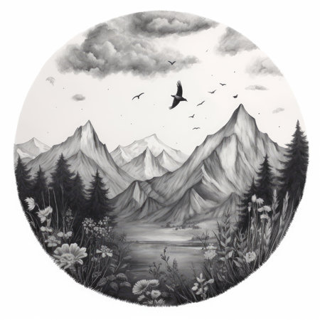 landscape with mountains and birds in the sky, hand drawn illustration, landscape in a circle, graphite pencil, hand drawn.の素材