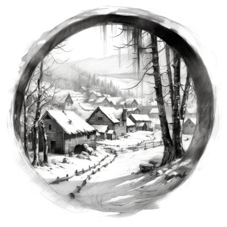 Winter landscape in the village. Ink and watercolors. Black and white, landscape in a circle, graphite pencil, hand drawn.の素材