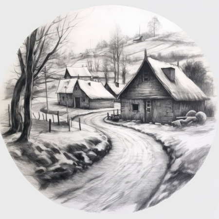 drawing of a country house on a background of a winter landscape, landscape in a circle, graphite pencil, hand drawn.の素材