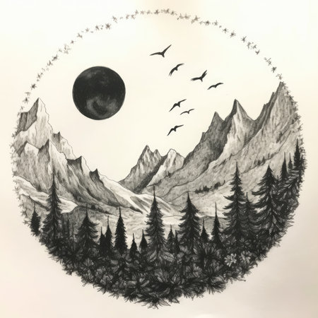 Mountain landscape with a moon and a flock of birds. Hand drawn illustration, landscape in a circle, graphite pencil, hand drawn.の素材
