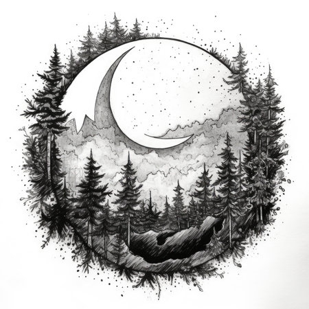 Night sky with moon and forest. Hand drawn illustration on white background, landscape in a circle, graphite pencil, hand drawn.の素材